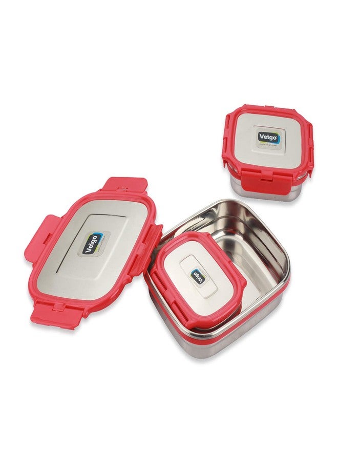 Veigo Premium Finish Classic Celebration Big, Small & Medium Stainless Steel Lunch Box Airtight Leakproof Easy to fit into Any Bags Perfect for Office,School,Outdoor-630ml+330ml+180ml Red - Image 4